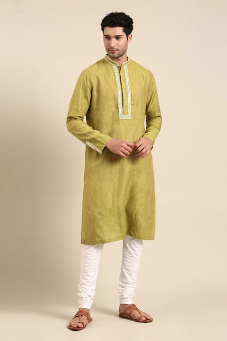 Buy Mayank Modi - Men Green Linen, Cotton Embroidery Placket Kurta With Pant Online at Aza Fashions Buy_Mayank Modi - Men_Green Linen, Cotton Embroidery Placket Kurta With Pant _Online_at_Aza_Fashions