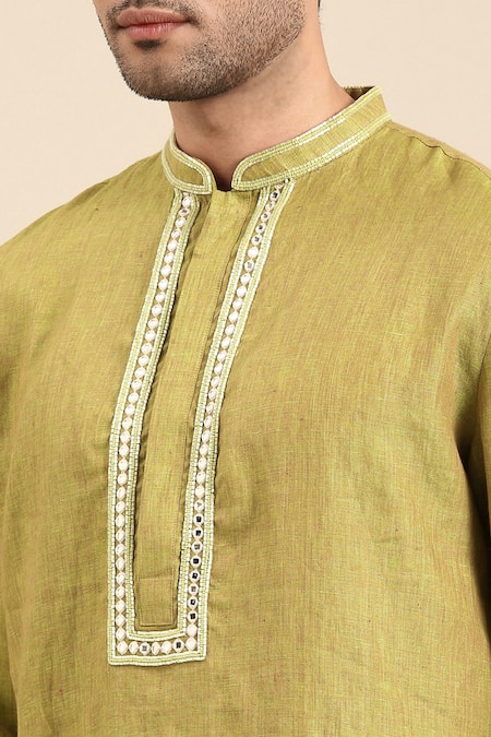 Shop Mayank Modi - Men Green Linen, Cotton Embroidery Placket Kurta With Pant Online at Aza Fashions Shop_Mayank Modi - Men_Green Linen, Cotton Embroidery Placket Kurta With Pant _Online_at_Aza_Fashions