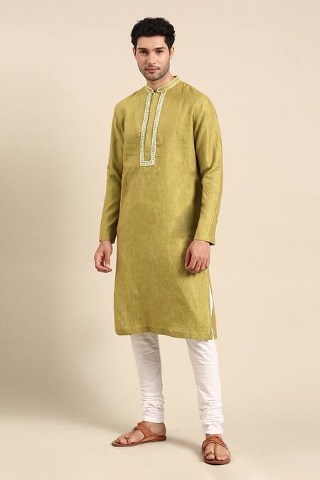 Mayank Modi - Men Green Linen, Cotton Embroidery Placket Kurta With Pant at Aza Fashions Mayank Modi - Men_Green Linen, Cotton Embroidery Placket Kurta With Pant _at_Aza_Fashions