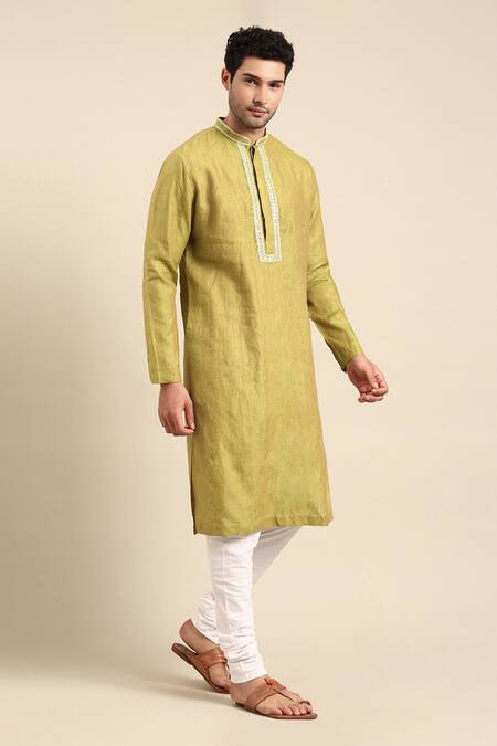 Buy Mayank Modi - Men Green Linen, Cotton Embroidery Placket Kurta With Pant Buy_Mayank Modi - Men_Green Linen, Cotton Embroidery Placket Kurta With Pant