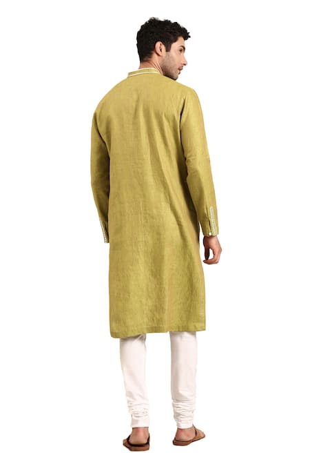Shop Mayank Modi - Men Green Linen, Cotton Embroidery Placket Kurta With Pant Shop_Mayank Modi - Men_Green Linen, Cotton Embroidery Placket Kurta With Pant