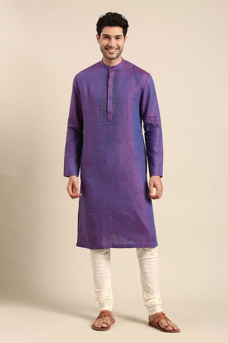 Mayank Modi - Men Purple 100% Linen Embroidered Bead Placket Kurta With Pant 