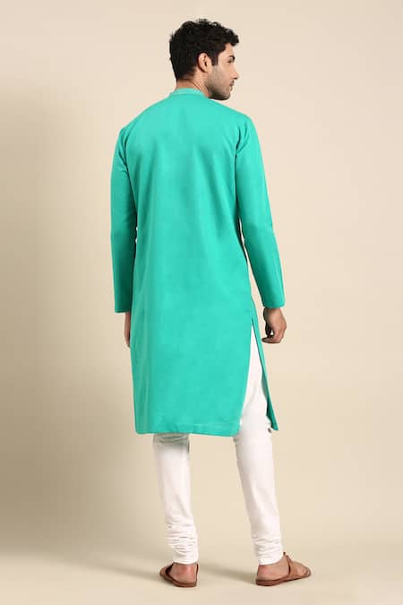 Shop Mayank Modi - Men Green Linen, Cotton Embroidery Thread Placket Kurta With Pant at Aza Fashions Shop_Mayank Modi - Men_Green Linen, Cotton Embroidery Thread Placket Kurta With Pant _at_Aza_Fashions