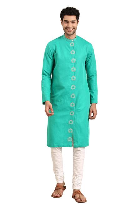 Mayank Modi - Men Green Linen, Cotton Embroidery Thread Placket Kurta With Pant Online at Aza Fashions Mayank Modi - Men_Green Linen, Cotton Embroidery Thread Placket Kurta With Pant _Online_at_Aza_Fashions