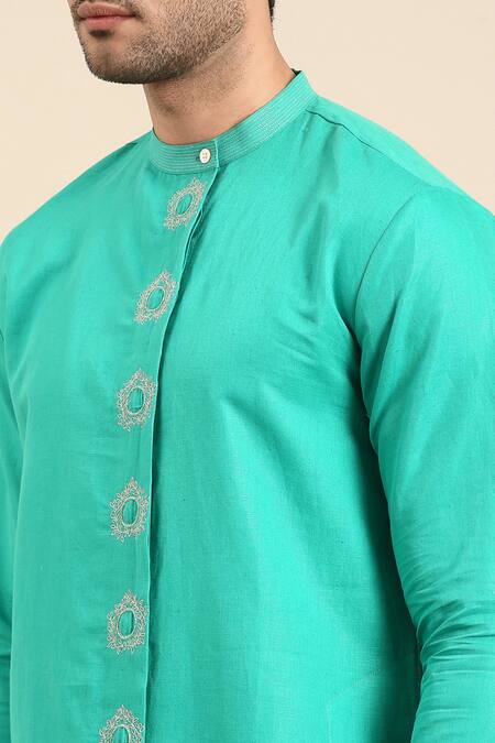 Buy Mayank Modi - Men Green Linen, Cotton Embroidery Thread Placket Kurta With Pant Online at Aza Fashions Buy_Mayank Modi - Men_Green Linen, Cotton Embroidery Thread Placket Kurta With Pant _Online_at_Aza_Fashions