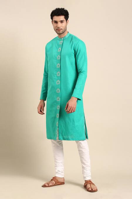 Shop Mayank Modi - Men Green Linen, Cotton Embroidery Thread Placket Kurta With Pant Online at Aza Fashions Shop_Mayank Modi - Men_Green Linen, Cotton Embroidery Thread Placket Kurta With Pant _Online_at_Aza_Fashions