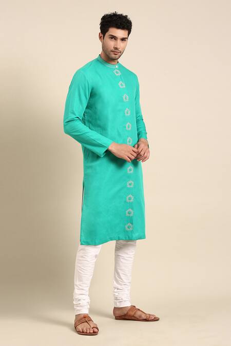Mayank Modi - Men Green Linen, Cotton Embroidery Thread Placket Kurta With Pant at Aza Fashions Mayank Modi - Men_Green Linen, Cotton Embroidery Thread Placket Kurta With Pant _at_Aza_Fashions