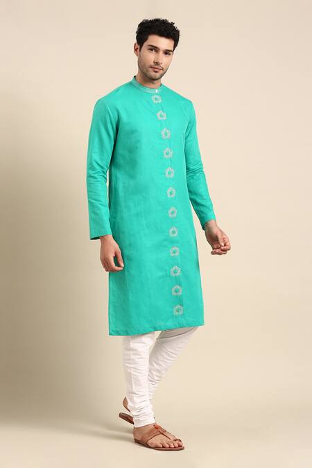 Shop Mayank Modi - Men Green Linen, Cotton Embroidery Thread Placket Kurta With Pant Shop_Mayank Modi - Men_Green Linen, Cotton Embroidery Thread Placket Kurta With Pant