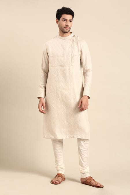 Mayank Modi - Men Beige Linen Jacquard Embroidered Collar Kurta With Pant  