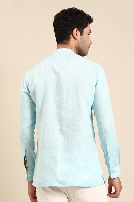 Shop Mayank Modi - Men Blue Linen Printed Placket Solid Short Kurta at Aza Fashions Shop_Mayank Modi - Men_Blue Linen Printed Placket Solid Short Kurta_at_Aza_Fashions