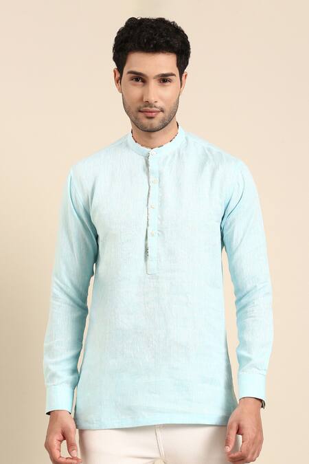 Mayank Modi - Men Blue Linen Printed Placket Solid Short Kurta Online at Aza Fashions Mayank Modi - Men_Blue Linen Printed Placket Solid Short Kurta_Online_at_Aza_Fashions
