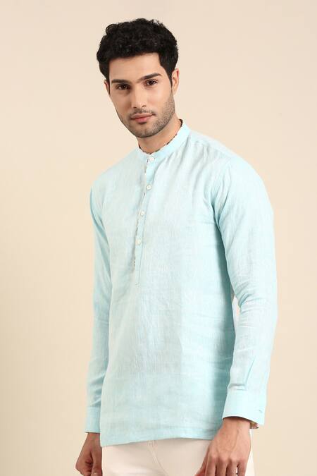 Shop Mayank Modi - Men Blue Linen Printed Placket Solid Short Kurta Online at Aza Fashions Shop_Mayank Modi - Men_Blue Linen Printed Placket Solid Short Kurta_Online_at_Aza_Fashions