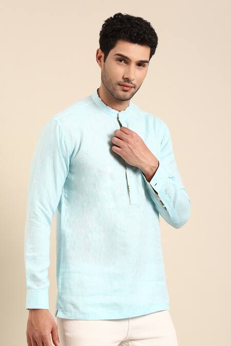 Mayank Modi - Men Blue Linen Printed Placket Solid Short Kurta at Aza Fashions Mayank Modi - Men_Blue Linen Printed Placket Solid Short Kurta_at_Aza_Fashions
