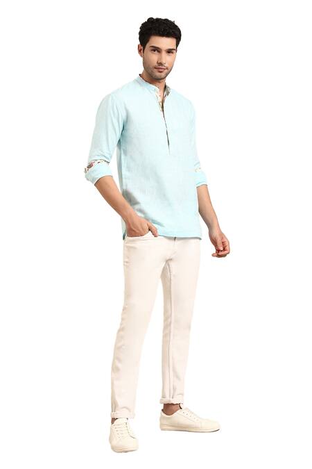 Buy Mayank Modi - Men Blue Linen Printed Placket Solid Short Kurta Buy_Mayank Modi - Men_Blue Linen Printed Placket Solid Short Kurta