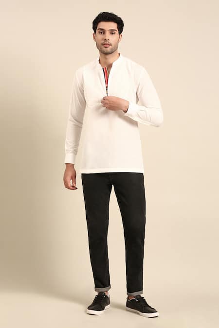 Mayank Modi - Men White Malai Cotton Solid Cuff Sleeve Short Kurta 