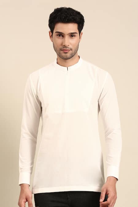 Mayank Modi - Men White Cotton Solid Cuff Sleeve Short Kurta Online at Aza Fashions Mayank Modi - Men_White Cotton Solid Cuff Sleeve Short Kurta _Online_at_Aza_Fashions