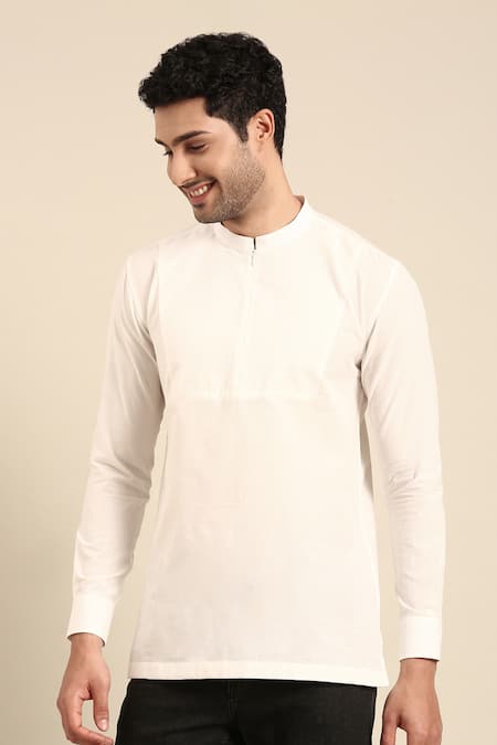 Shop Mayank Modi - Men White Cotton Solid Cuff Sleeve Short Kurta Online at Aza Fashions Shop_Mayank Modi - Men_White Cotton Solid Cuff Sleeve Short Kurta _Online_at_Aza_Fashions