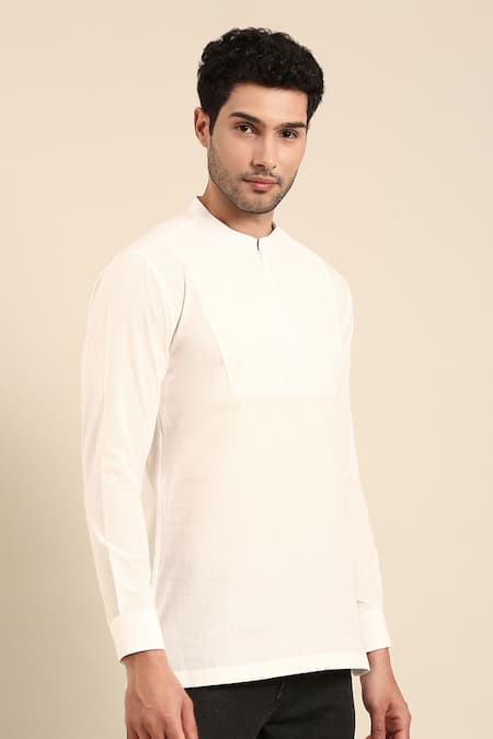 Mayank Modi - Men White Cotton Solid Cuff Sleeve Short Kurta at Aza Fashions Mayank Modi - Men_White Cotton Solid Cuff Sleeve Short Kurta _at_Aza_Fashions