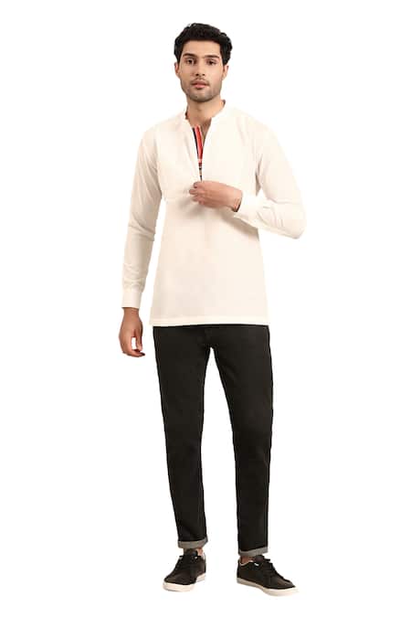Buy Mayank Modi - Men White Cotton Solid Cuff Sleeve Short Kurta Buy_Mayank Modi - Men_White Cotton Solid Cuff Sleeve Short Kurta