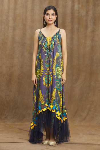 Esha L Amin_Purple Sequins, Beads, Tassels V-neck Floral Print Beaded Yoke Frill Hem Dress _Online_at_Aza_Fashions