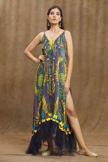 Shop_Esha L Amin_Purple Sequins, Beads, Tassels V-neck Floral Print Beaded Yoke Frill Hem Dress _Online_at_Aza_Fashions