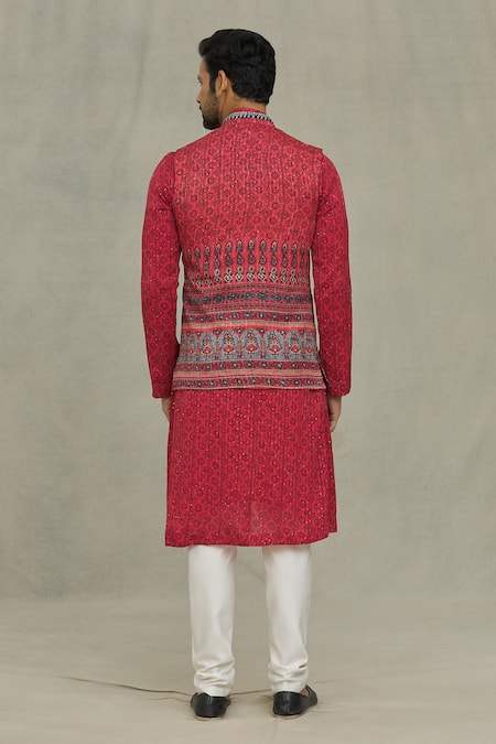 Shop_Soniya G_Red Cotton Sequins, Embroidery Floral Bundi Kurta Set _at_Aza_Fashions