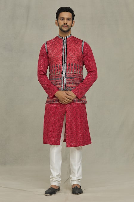 Buy_Soniya G_Red Cotton Sequins, Embroidery Floral Bundi Kurta Set _Online_at_Aza_Fashions