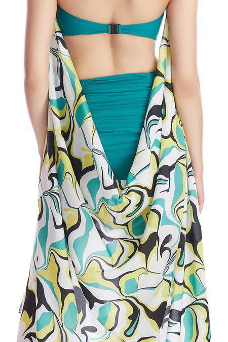 Kai Resortwear Green Lace Chains Halter Neck Bloom Print Cape Online at Aza Fashions Kai Resortwear_Green Lace Chains Halter Neck Bloom Print Cape _Online_at_Aza_Fashions