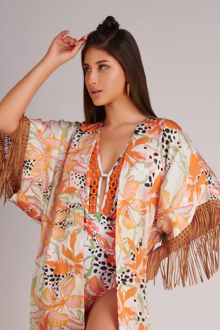 Kai Resortwear Orange Autumn Print Cape Online at Aza Fashions Kai Resortwear_Orange Autumn Print Cape _Online_at_Aza_Fashions