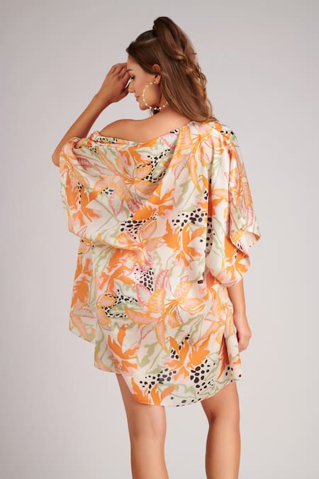 Shop_Kai Resortwear_Orange Autumn Print Front Open Cape _at_Aza_Fashions