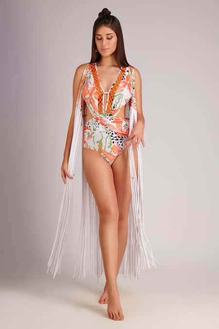 Kai Resortwear Orange Luxe Crepe Printed Floral Open Autumn Tassel Cover Up  