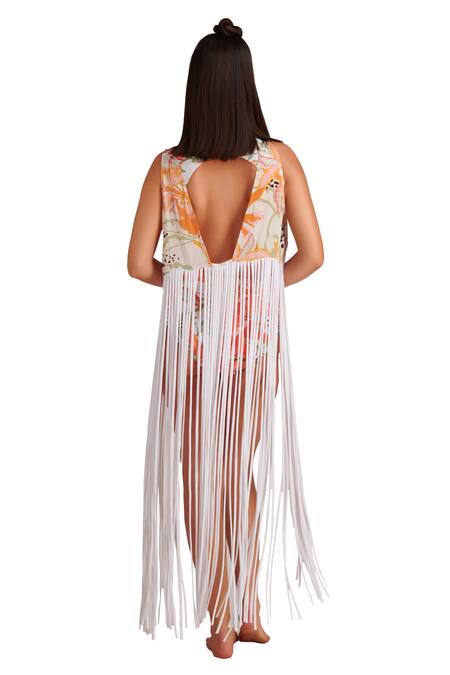 Shop Kai Resortwear Orange Lace Tassels Open Neck Autumn Floral Cover Up Online at Aza Fashions Shop_Kai Resortwear_Orange Lace Tassels Open Neck Autumn Floral Cover Up _Online_at_Aza_Fashions