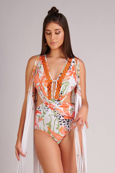 Kai Resortwear_Orange Lace Tassels, Embroidery Open Neck Autumn Embellished Cover Up _Online_at_Aza_Fashions