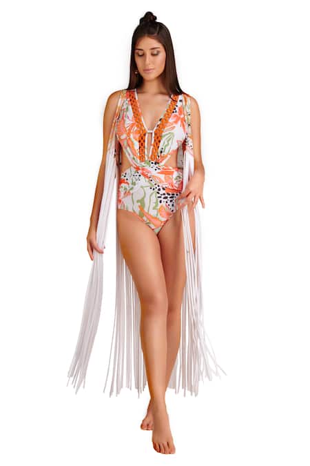 Buy_Kai Resortwear_Orange Lace Tassels, Embroidery Open Neck Autumn Embellished Cover Up _Online_at_Aza_Fashions