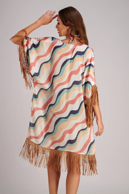 Kai Resortwear Nautica Stripe Print Fringe Cape 