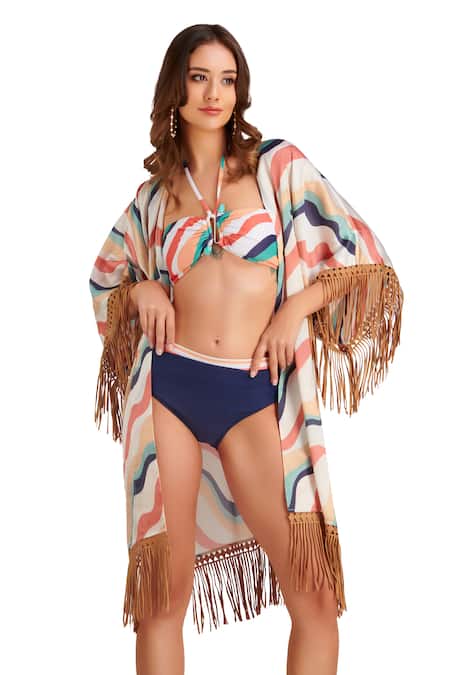 Kai Resortwear_White Lace Fringe Open Neck Nautica Stripe Print Cape _Online_at_Aza_Fashions