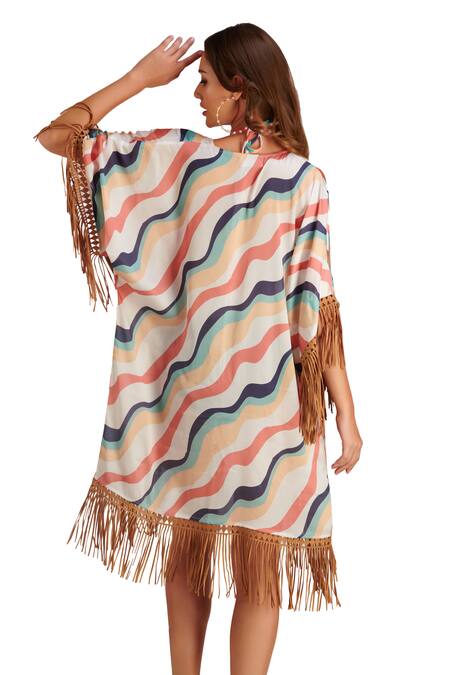 Buy_Kai Resortwear_White Lace Fringe Open Neck Nautica Stripe Print Cape _Online_at_Aza_Fashions
