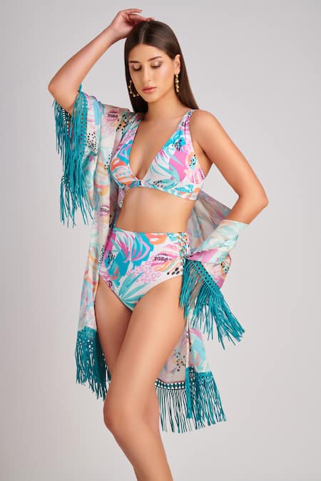 Kai Resortwear Lush Fringe Tassel Embellished Cape 