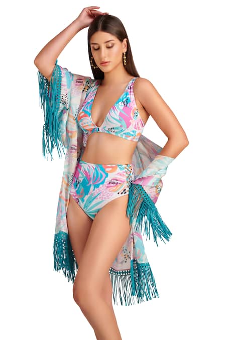Kai Resortwear_Blue Lurex Tassels Open Neck Lush Fringe Embellished Cape _Online_at_Aza_Fashions