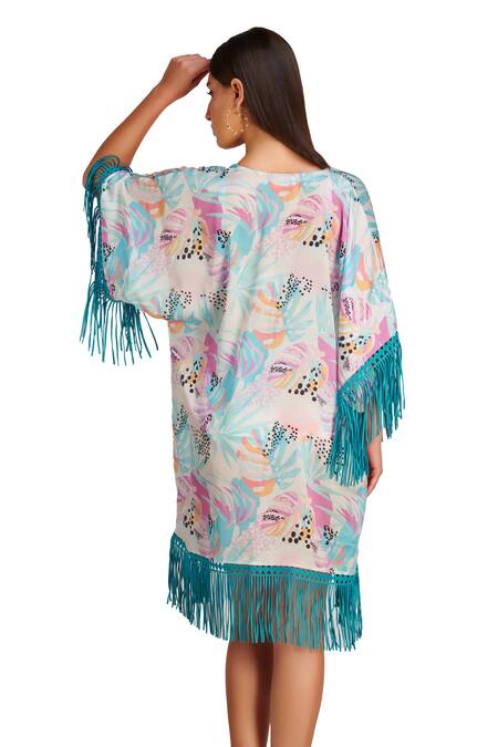 Buy_Kai Resortwear_Blue Lurex Tassels Open Neck Lush Fringe Embellished Cape _Online_at_Aza_Fashions