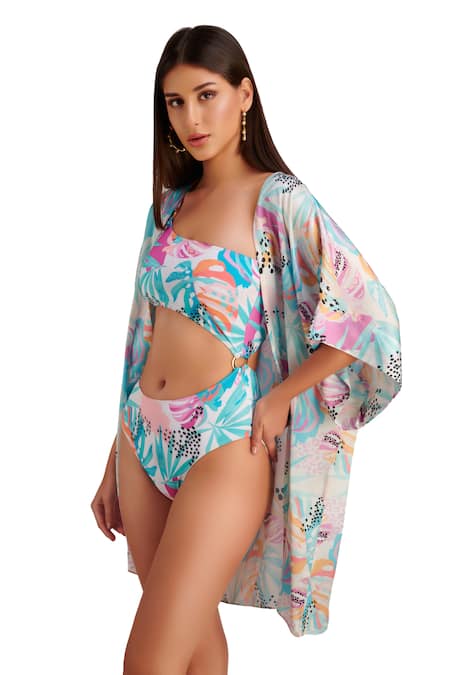 Kai Resortwear Blue Lace Open Neck Lush Tropical Print Cape Online at Aza Fashions Kai Resortwear_Blue Lace Open Neck Lush Tropical Print Cape _Online_at_Aza_Fashions