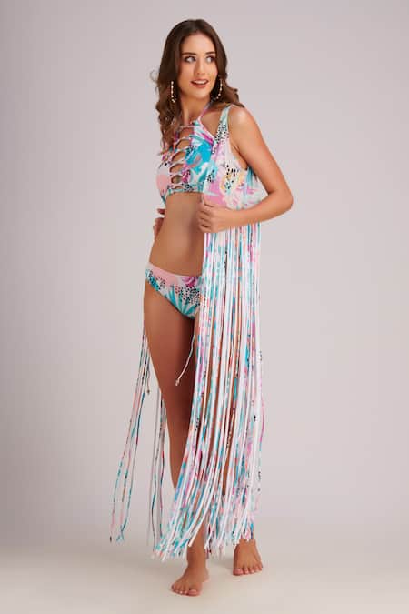 Kai Resortwear Lush Fringe Tassel Embellished Cape 