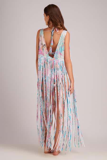 Kai Resortwear Lush Fringe Tassel Embellished Cape 
