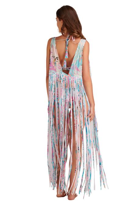 Shop_Kai Resortwear_Blue Lurex Tassels Open Neck Lush Fringe Embellished Cape _Online_at_Aza_Fashions