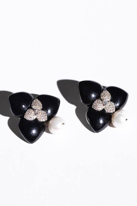 Modarta Black Stones, Pearls Vintage Embellished Pendant And Earrings Set Online at Aza Fashions Modarta_Black Stones, Pearls Vintage Embellished Pendant And Earrings Set_Online_at_Aza_Fashions