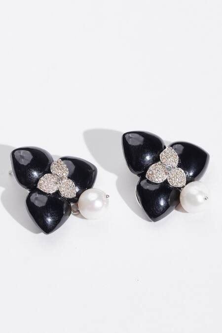 Shop Modarta Black Stones, Pearls Vintage Embellished Pendant And Earrings Set at Aza Fashions Shop_Modarta_Black Stones, Pearls Vintage Embellished Pendant And Earrings Set_at_Aza_Fashions