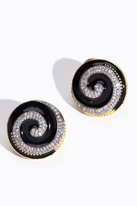 Shop Modarta Black Stones Bold Spiral Circle Shaped Earrings at Aza Fashions Shop_Modarta_Black Stones Bold Spiral Circle Shaped Earrings _at_Aza_Fashions