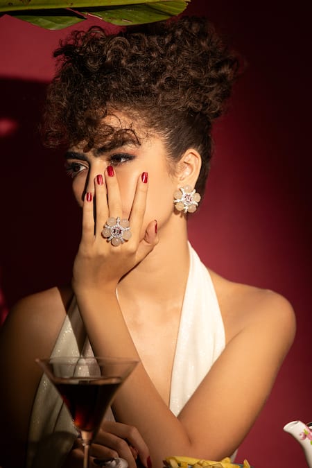 Buy_Modarta_Silver Plated Stones, Crystals Flower Shaped Earrings And Ring Set_Online_at_Aza_Fashions