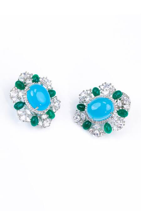 Modarta_Blue Stones, Smocking Swarovski Embellished Floral Cutwork Earrings _Online_at_Aza_Fashions