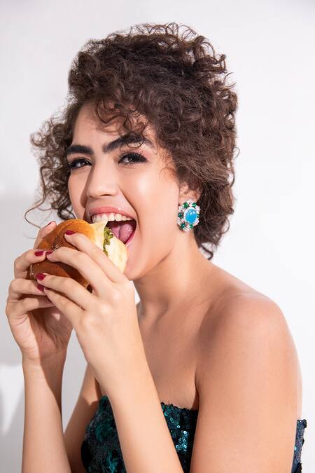 Shop_Modarta_Blue Stones, Smocking Swarovski Embellished Floral Cutwork Earrings _Online_at_Aza_Fashions